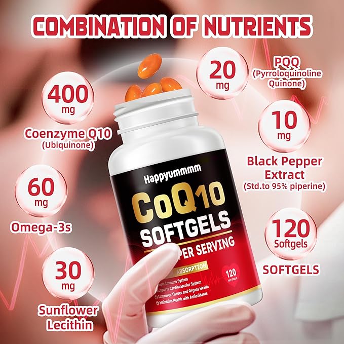 CoQ10-400mg-Softgels with PQQ, BioPerine & Omega-3, Coenzyme Q10(Ubiquinone) Supplement for High-Absorption, Powerful-Antioxidant, Support Heart & Energy-Production, 120 Servings.