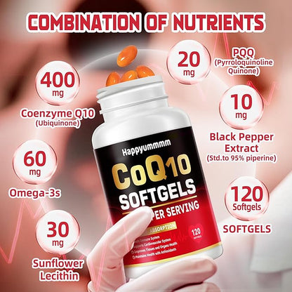 CoQ10-400mg-Softgels with PQQ, BioPerine & Omega-3, Coenzyme Q10(Ubiquinone) Supplement for High-Absorption, Powerful-Antioxidant, Support Heart & Energy-Production, 120 Servings.