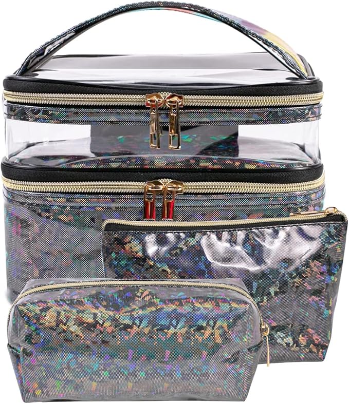 FITINI 3 Pieces Makeup Bags Double Layer Travel Large Holographic Cosmetic Cases Organizer Toiletry Bags Waterproof Small Zipper Pouch for Women Makeup Brush Storage Bag,Black