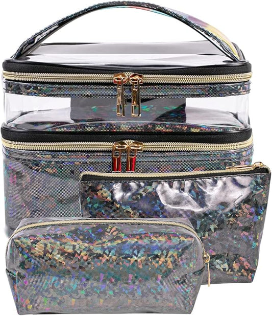 FITINI 3 Pieces Makeup Bags Double Layer Travel Large Holographic Cosmetic Cases Organizer Toiletry Bags Waterproof Small Zipper Pouch for Women Makeup Brush Storage Bag,Black