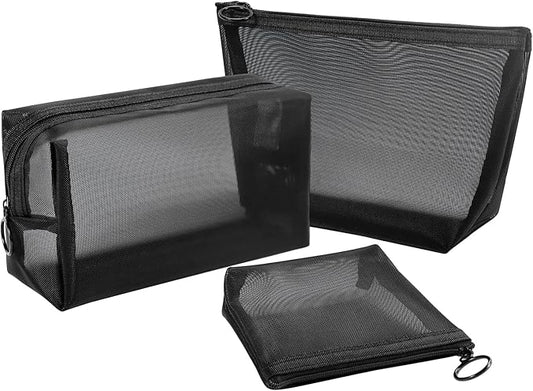 Aosbos 3-Pack Mesh Cosmetic Bag Set - Travel/On-The-Go Makeup Storage, Zipper Closure Small Pouch