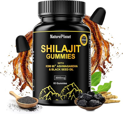 3000 MG Shilajit Gummies, Pure Himalayan Shilajit Extract Organic with 85+ Trace Minerals for Energy & Vitality, 60 Count