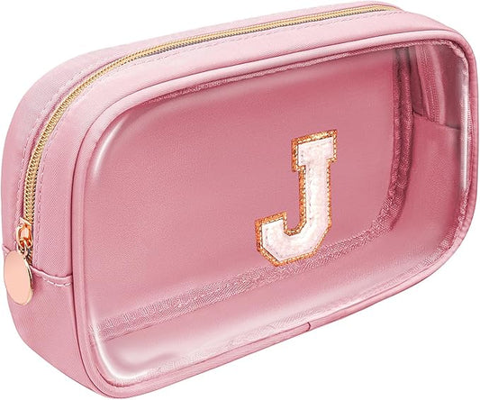 Initial Clear Makeup Bag Make Up Bag Travel Toiletry Bag Preppy Cosmetic Bags Organizer Travel Essentials Pink Gifts for Women Teen Girlfriend Teacher Mom Brithday Gifts Clear Toiletry Bag (Pink, J)