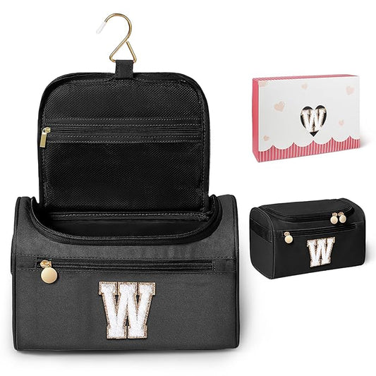 COSHAYSOO Christmas Valentines Galentines Day Fall Travel Gifts for Women Friend Sister Bestie Happy Birthday Party Favor Present, Large Hanging Toiletry Bag Skin Care Toiletries Black Letter W