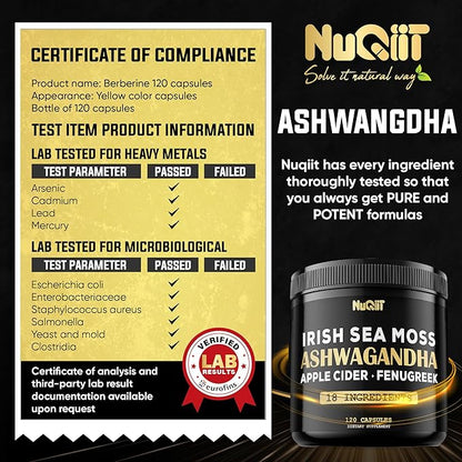 Organic Ashwangdha Capsules 15000mg Irish Sea Moss 3000mg Apple Cider Vinegar 3000mg & More - Support Brain Health, Strength & Immune System - 120 Vegan Capsules