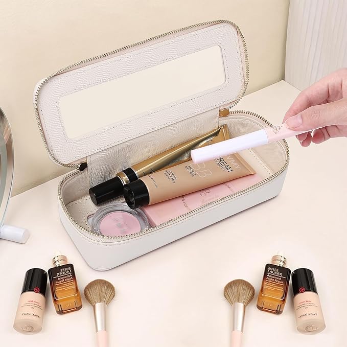 Makeup Brush Case Clear Travel Cosmetic & Toiletry Bag Small Makeup Bag with Zipper Purse Organizer Car Essential Bag for Women (Beige, SLIM)