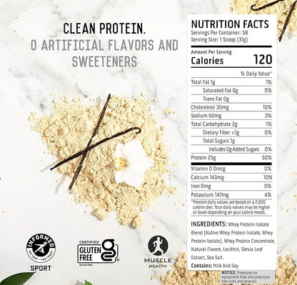 Ascent 100% Whey Protein Powder - Post Workout Whey Protein Isolate, Zero Artificial Flavors & Sweeteners, Gluten Free, 5.5g BCAA, 2.6g Leucine, Essential Amino Acids, Vanilla Bean 4 lb