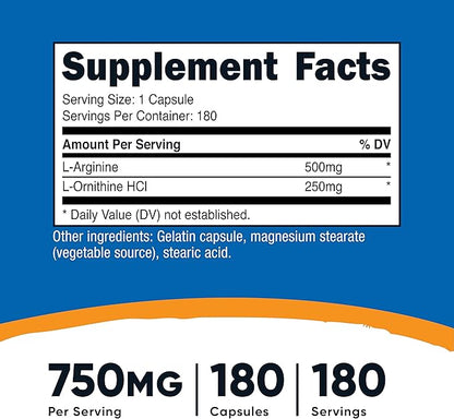 Nutricost L-Arginine L-Ornithine 750mg; 180 Capsules (3 Bottles)