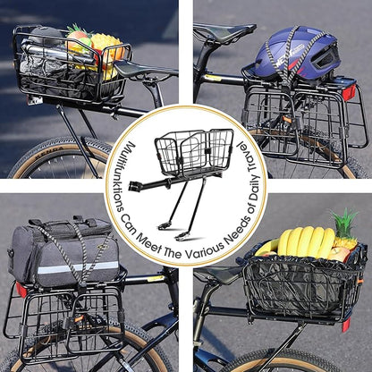 Rear Bike Rack with Basket, 165 LB Load - Aluminum Alloy Cargo Rack for Back of Bike with Free Bungee Cord & Waterproof Cover & Installation Tool