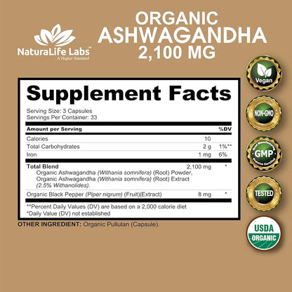NaturaLife Labs, Organic Ashwagandha 2,100 mg - 100 Veggie Capsules Pure Organic Ashwagandha Powder and Root Extract - Stress Relief, Mood Enhancer