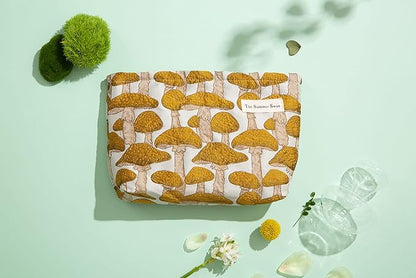 The Summer Swan | Floral Cosmetic Bag｜Large Aesthetic Travel Makeup and Personal Item Pouch For Purse | Skincare Bag (Mushroom Yellow)