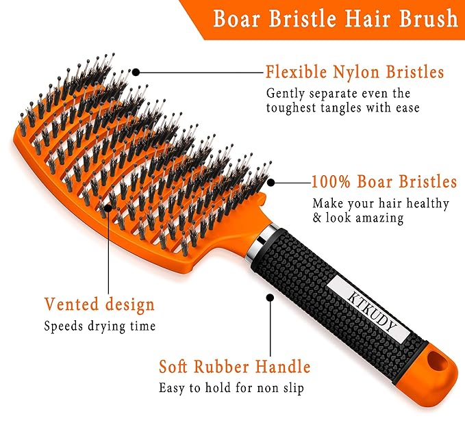 KTKUDY Detangling Brush Boar Bristles Hair Brush Make Hair Shiny & Healthier Curved and Vented Detangler Brush for Women Men Kids Wet and Dry Hair (Orange)