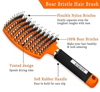 KTKUDY Detangling Brush Boar Bristles Hair Brush Make Hair Shiny & Healthier Curved and Vented Detangler Brush for Women Men Kids Wet and Dry Hair (Orange)