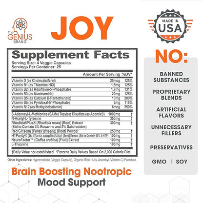 Genius Joy, Nootropic Mood Enhancer Supplement - Support Cognitive Health, Enhance Mood & Neural Function with Brain Boosting L-Theanine, Panax Ginseng & SAM-e - Organic, Non-GMO, & Gluten-Free