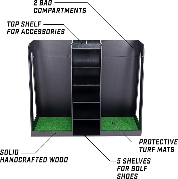 GoSports Premium Wooden Golf Bag Organizer and Storage Rack - Black, White or Brown Finish - Holds 2 Golf Bags