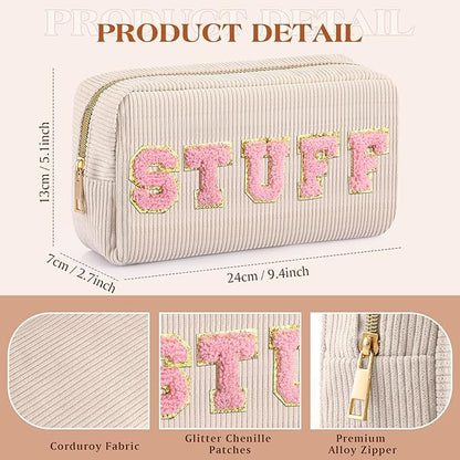 4 Pcs Preppy Patch Makeup Bag Corduroy Cosmetic Bag Makeup Accessories Skincare Pouch Chenille Letter Portable Zipper Face Pouch Cute Toiletry for Women Travel(Pink, Brown Series Color)