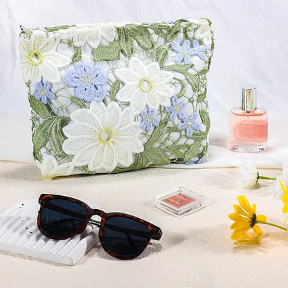 Flower Makeup Bags Travel Large Floral Cosmetic Bag for Women Cute Makeup Pouch Zippered Portable Toiletry Bag Lace Trendy Aesthetic Make up Organizer Bag Cosmetic Pouch for Purse