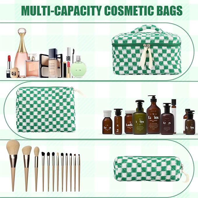 Quilted Makeup Bag Set, 3Pcs Large Checkered Corduroy Cosmetic Bags, Cute Coquette Makeup Bag Toiletry Zipper Pouch Bag for Women and Girls Checkered