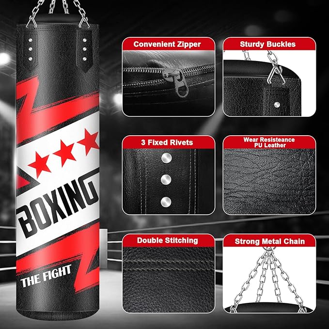 Hanging Punching Bag for Adults, 4ft PU Leather Heavy Boxing Bag Set, Hanging Bag Boxing Equipment for MMA Karate Kickboxing Boxing Home Gym, Unfilled
