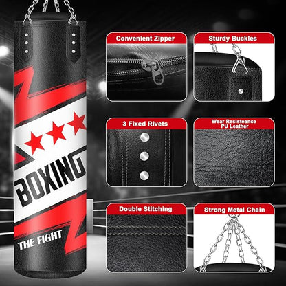 Hanging Punching Bag for Adults, 4ft PU Leather Heavy Boxing Bag Set, Hanging Bag Boxing Equipment for MMA Karate Kickboxing Boxing Home Gym, Unfilled