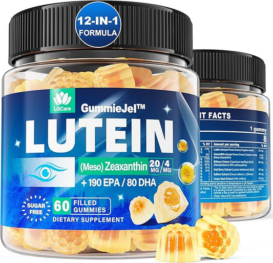Sugar Free Lutein 20mg 40mg and Zeaxanthin Gummies for Eyes with EPA 190mg & DHA 80mg, Eye Vitamins Filled Gummies Plus Bilberry, Goji Berry & Saffron, Eye Health Supplements for Adults - Vegan, 60Cts