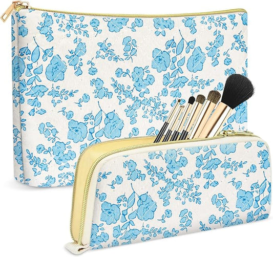 Quilted makeup bag Set for Women, Floral Cotton Makeup Bag Travel Cosmetic Pouch for Girls Make Up Organizer, Gift for Mothers Day, Birthday Gift for Her - Blue flower
