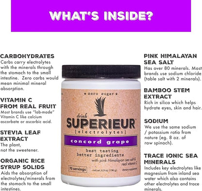 Superieur Electrolytes – Plant Based Electrolyte Supplement w/Sea Minerals for Hydration & Recovery–Keto Friendly, Non-GMO, Zero Sugar, Vegan Healthy Sports Drink Powder – Concord Grape (70 Servings)