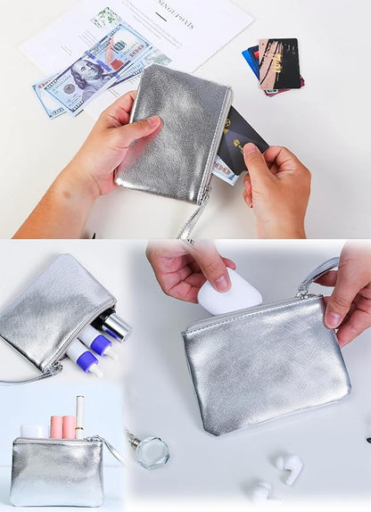 Small Makeup Bag for Purse Mini Cosmetic Pouch Zipper Little Wristlet, Tiny Make Up Organizer Lipstick Feminine Product Car Change Coin Holder for Women, 4.5 x 6.5 Clutch Stadium Approved, 1 Silver