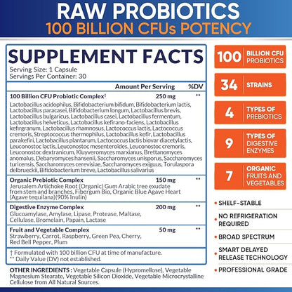 Organic Probiotics 100 Billion CFU, Dr Formulated Probiotics for Women, Probiotics for Men and Adults, Complete Shelf Stable Probiotic Supplement with Prebiotics & Digestive Enzymes; 30 Capsules
