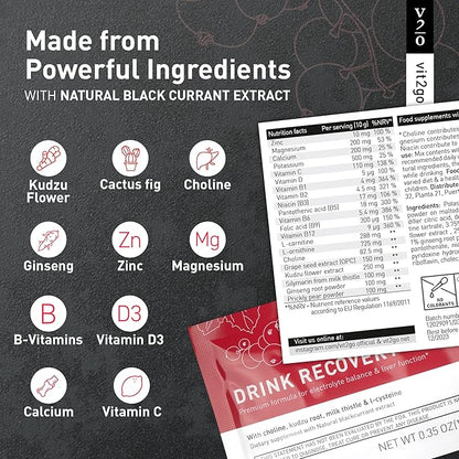 Drink Recovery Electrolytes Powder 250g with Vitamins, Vegan Electrolyte Packets for Hydration & Liver Detox, Blackcurrant Flavor (25 Portions)