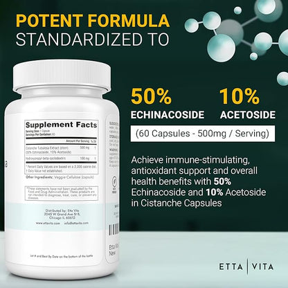 Potent Cistanche Tubulosa Capsules (500 mg) Stress Response, Mood & Cortisol Support (2X Potent 50% Echinacoside/10% Acetoside) Hormonal Balance for Men & Women - Cistanche Supplement, Powder Extract