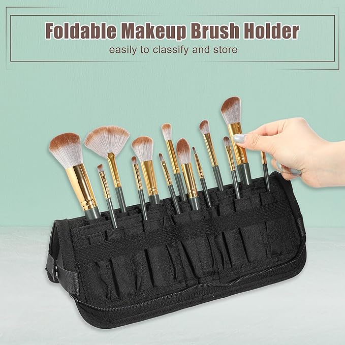VOCOSTE Foldable Makeup Brush Holder, 23 Pockets Makeup Brush Organizer, Stand-up Makeup Brush Travel Bag Cosmetic Case, Portable Travel Makeup Brushes Case Handbag