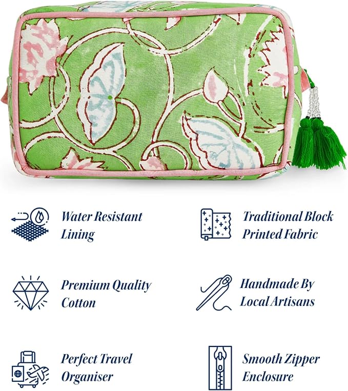 Huar Travel Makeup Bag- Large Capacity Cosmetic Bags for Women - Water Resistance Lining Portable Pouch & Open Toiletry Bag - Perfect Girls Makeup Organizer for Travel Essentials (Lime & Pink Floral)