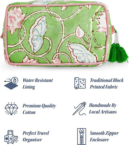 Huar Travel Makeup Bag- Large Capacity Cosmetic Bags for Women - Water Resistance Lining Portable Pouch & Open Toiletry Bag - Perfect Girls Makeup Organizer for Travel Essentials (Lime & Pink Floral)