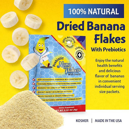 Nutritional Designs, Prebiotic Nana Flakes with Inulin, 100% Pure Banana Flakes, Gut Health, High Protein & Fiber, Natural Diarrhea Remedy, IBS Relief, for Adults & Kids 4+ (25 Single-Serve Packs)