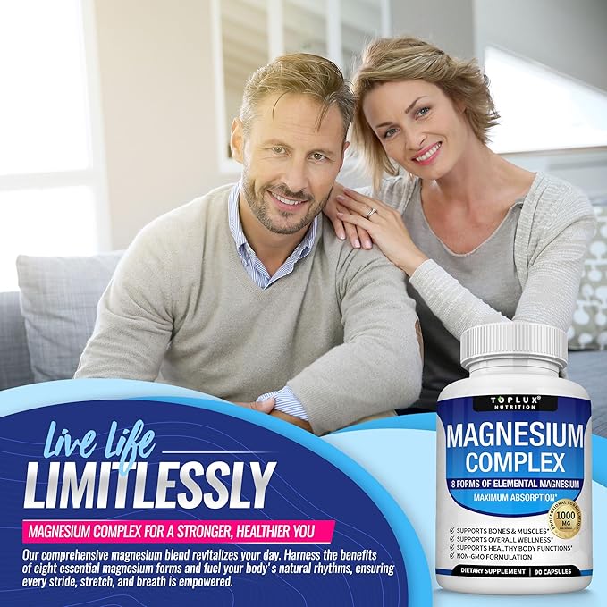 Toplux, Magnesium Complex Supplement 8 Elemental 1000mg - Magnesium Glycinate, Citrate, Malate, Taurate, Chelated for Easy Absorption for Bones, Muscle, Recovery, Energy, Vegan Non-GMO 90 Capsules
