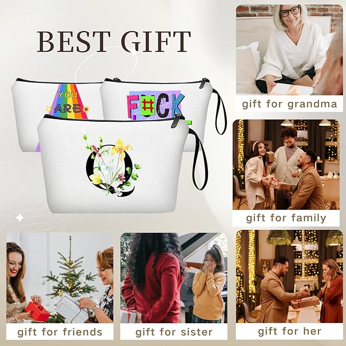 SEAMOON Women Birthday Unique Initial Funny Gifts for Teenage Girl Sister Friends Bridesmaid Personalized Travel Make up Cosmetic Bag with Mirror Valentines Mothers Day Christmas Graduation Q