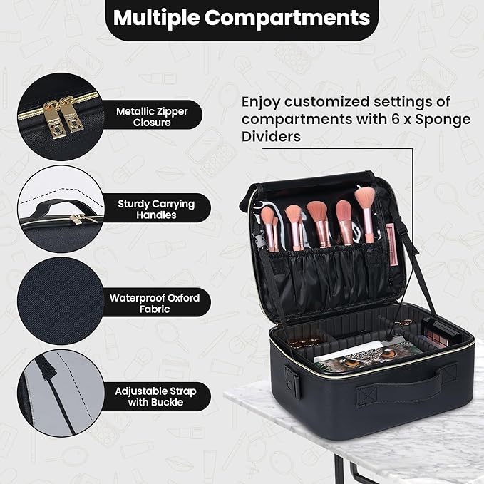 Makeup Travel Case, 12 Inch Makeup Organizer Bag with Compartment and Dividers, Portable Cosmetic Bag for Women with Brush Storage Sturdy Dual Zip Closure, Waterproof, Durable, Gift for Her, Black