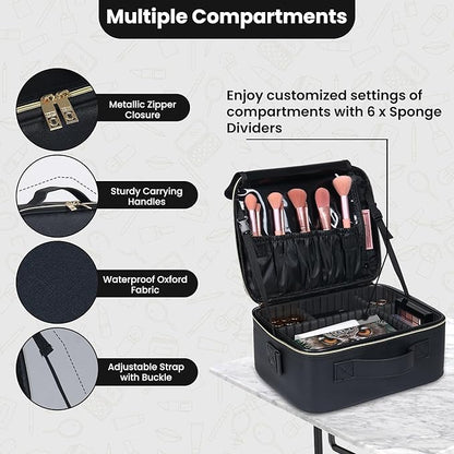 Makeup Travel Case, 12 Inch Makeup Organizer Bag with Compartment and Dividers, Portable Cosmetic Bag for Women with Brush Storage Sturdy Dual Zip Closure, Waterproof, Durable, Gift for Her, Black