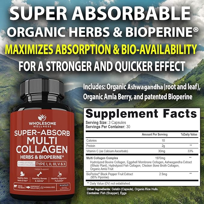 Super-Absorb Multi Collagen Pills (Type I II III V X) Organic Herbs and Bioperine - Hair, Skin, Nails, Joints - Hydrolyzed Collagen Peptides Protein Supplement for Women Men (90 Capsules)