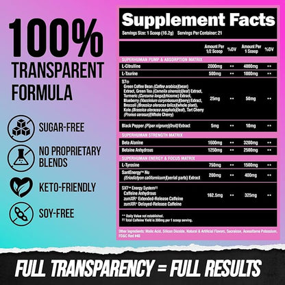 ALPHA LION Superhuman Pre Workout Powder, Beta Alanine, L-Taurine & Tri-Source Caffeine for Sustained Energy & Focus, Nitric Oxide & Citrulline for Pump (21 Servings, Miami Vice)