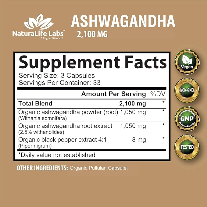 Organic Ashwagandha 2,100 mg - 100 Veggie Capsules Pure Organic Ashwagandha Powder and Root Extract - Stress Relief, Mood Enhancer