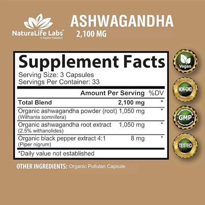 Organic Ashwagandha 2,100 mg - 100 Veggie Capsules Pure Organic Ashwagandha Powder and Root Extract - Stress Relief, Mood Enhancer