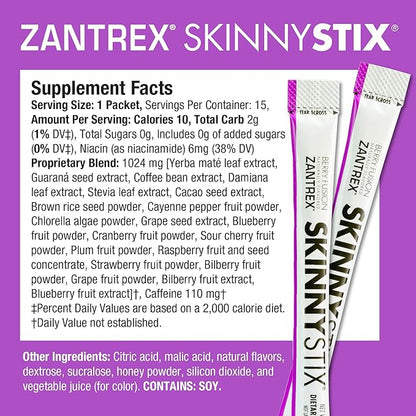 Zantrex SkinnyStix Energy Drink Mix + Antioxidants. Heightens Focus, and Offers Incredible Energy, Delicious 10-Calorie Packets – 15 Packets, Berry Fusion Flavor