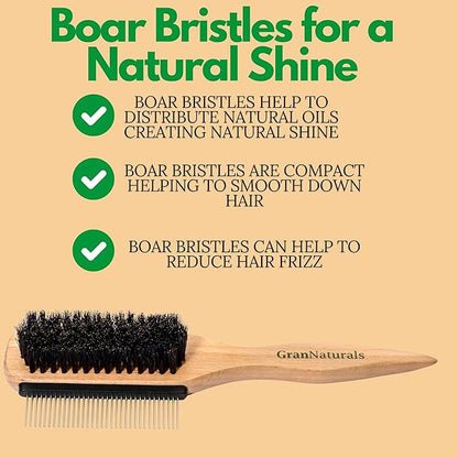 GranNaturals Boar Bristle Slick Back Hair Brush w/Comb for Smoothing Sleek Ponytail Bun - Wide Rat Tail & Metal Comb Hairbrush for Parting, Teasing, Backcombing, Sectioning, Edge Control, Flyaways