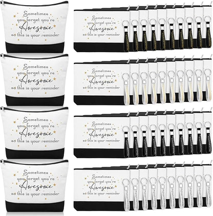 Sanwuta 80 Pcs Inspirational Canvas Makeup Bags Keychains Set Graduation Gifts Teacher Appreciation Gifts Bulk for Employees Women (Awesome Sign)