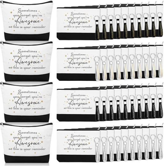 Sanwuta 80 Pcs Inspirational Canvas Makeup Bags Keychains Set Graduation Gifts Teacher Appreciation Gifts Bulk for Employees Women (Awesome Sign)
