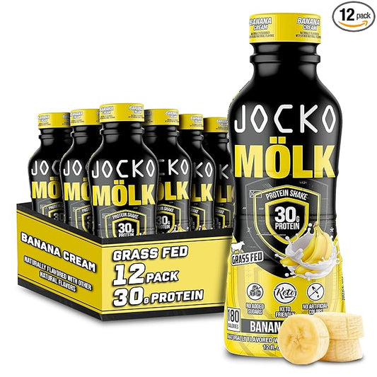 Jocko Mölk 30g Grass Fed Protein Shakes – No Added Sugar Protein Drinks KETO Friendly - Ready to Drink 12 FL Oz (Pack of 12) Banana Cream