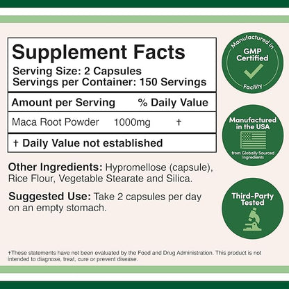 Maca Root Capsules for Women and Men, 300 Count (1,000mg of Black, Red, Yellow Maca Powder per Serving) Grown in Peru (for Energy, Performance, Motivation) by Double Wood