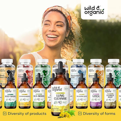 Wild & Organic Lung Cleanse Tincture - Mullein Drops for Lungs - Herbal Lung Detox and Cleanse - Lung Support Supplement - Vegan, Alcohol Free Drops - 4 fl oz